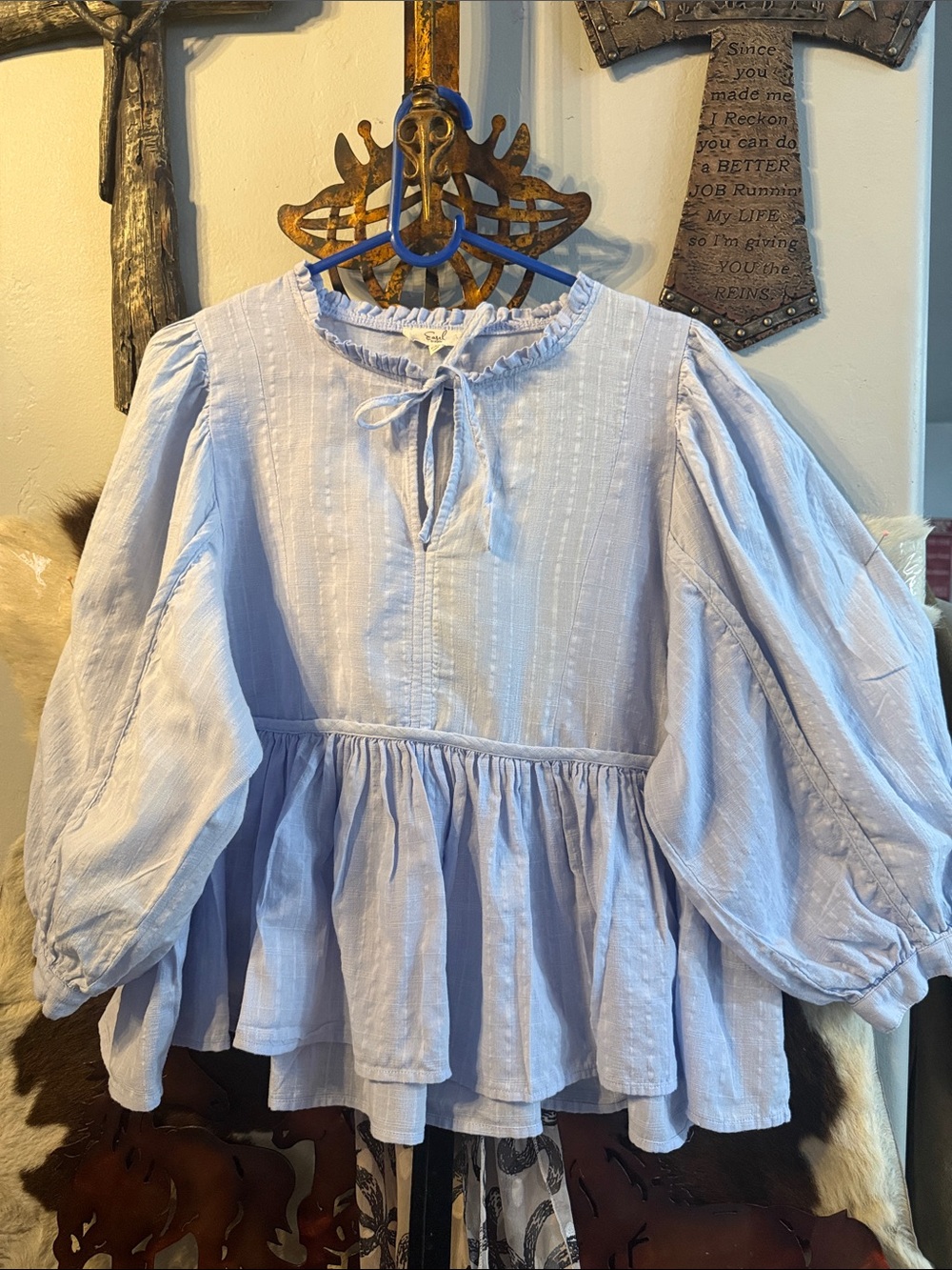 easel Powder Blue Peplum Tie-Neck Tunic